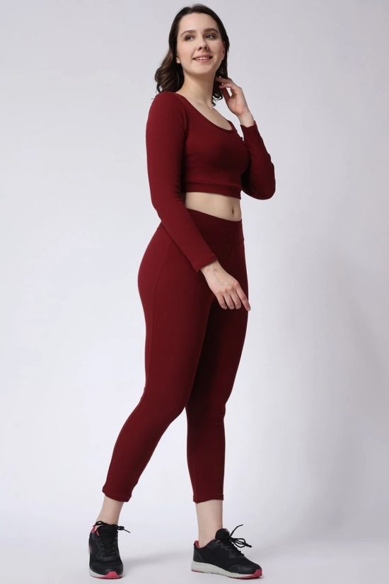 Womens Maroon Gym Co-Ord Set Leggings & Full Sleeves Crop Top-L / Maroon