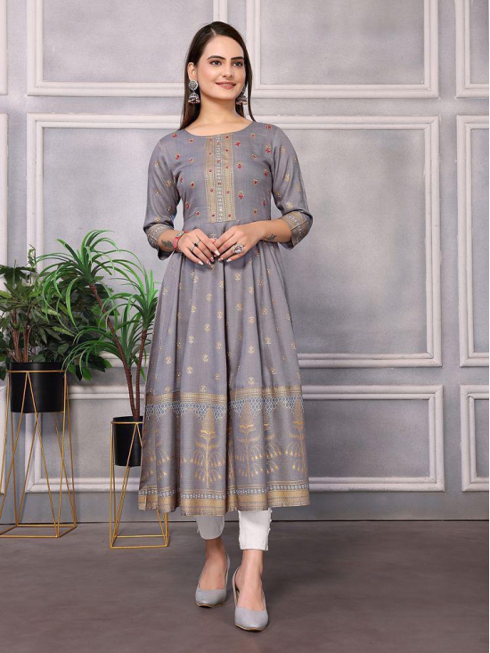 Rangita Women Rayon Grey Embellished Calf Length Anarkali Kurti - None