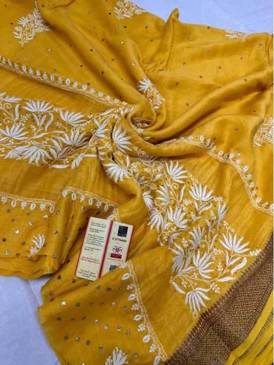 SOFT PURE MOONGA SILK, CHIKAN HAND EMBROIDERED SAREE-MUSTARD YELLOW / SOFT PURE MOONGA SILK / CHIKAN HAND EMBROIDRED