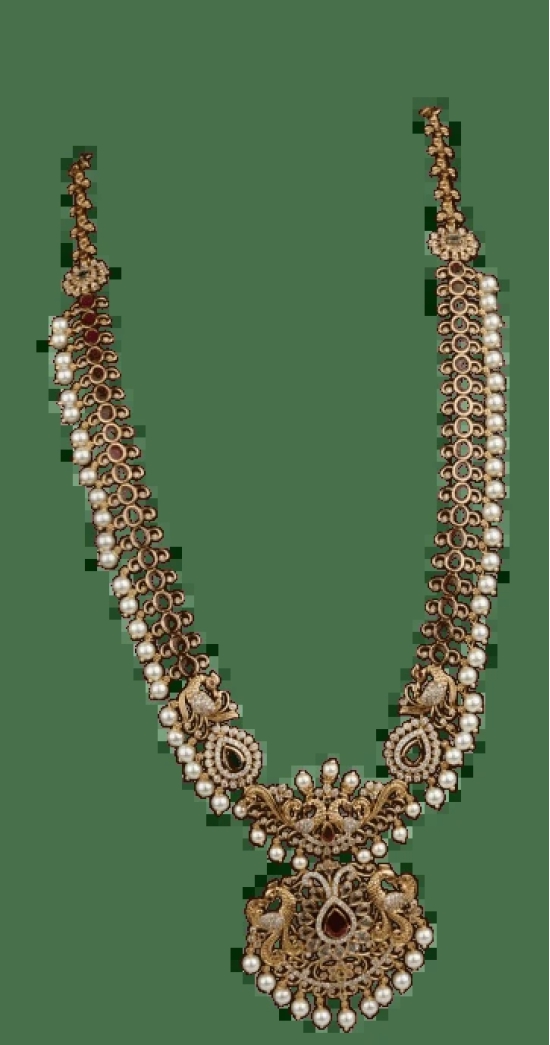 Mat Finish Bridal Gold Plated Ruby and Pearl Long Necklace Set With Earrings