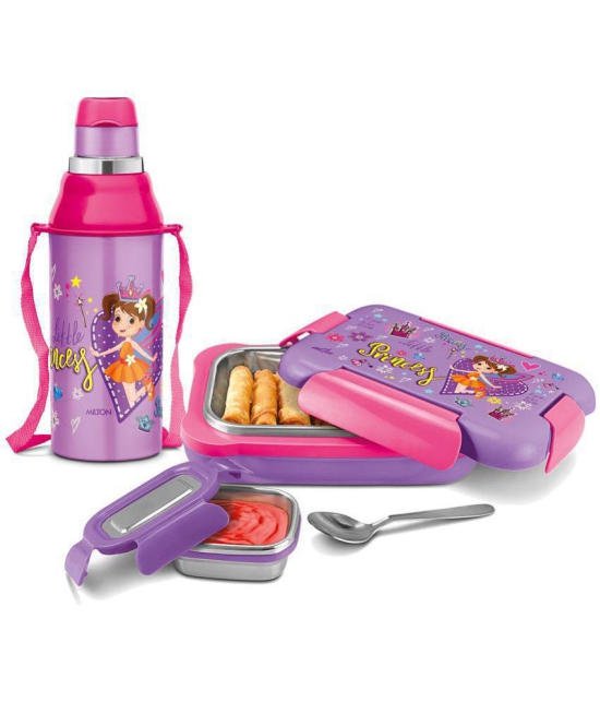 Milton Explorer Gift Set (Kool Steelight Insulated Water Bottle, 404 ml; More Meal Insulated Lunch Box with Inner Container and Spoon, 600 ml ), Light Purple | PU Insulated | Kids Tiffin & B