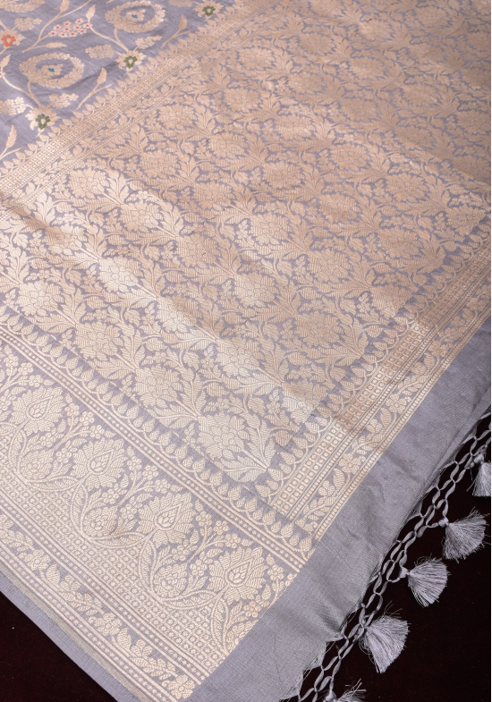 Gray Banarasi Meenakari Pure Katan Silk Saree with Floral Jaal Weave | SILK MARK CERTIFIED