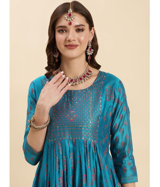 Rangita Women Turquoise Chanderi Embroidered Calf Length Anarkali Kurti - None