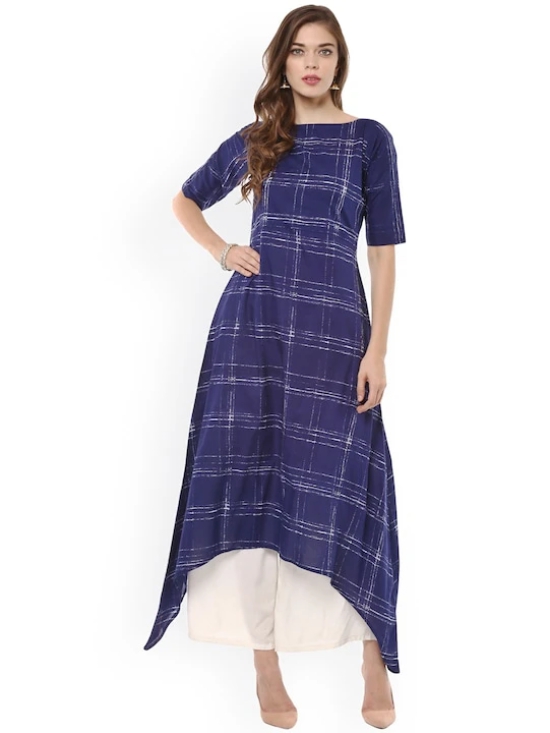 Women Blue Checked A-Line Asymmetric Kurta