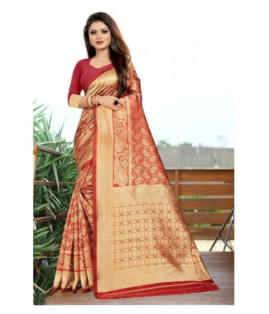 Gazal Fashions - Red Banarasi Silk Saree With Blouse Piece (Pack of 1)