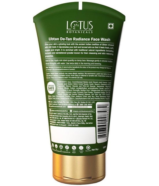 Lotus Botanicals Ubtan De, Tan Radiance Face Wash, Infused with 24K Gold, For Glowing Skin, 100ml