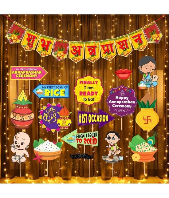 Zyozi Annaprasanam Photo Booth Props with Annaprasanam Bunting Banner Hindi Font Shubh Annaprashan | Rice Ceremony Decorations Items (Pack of 18) - Multicolor