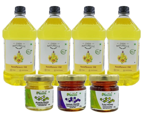 Farm Naturelle Organic Virgin Cold Pressed Sunflower Cooking Oil. (2 LTR X 4) + 3 Honey 55g