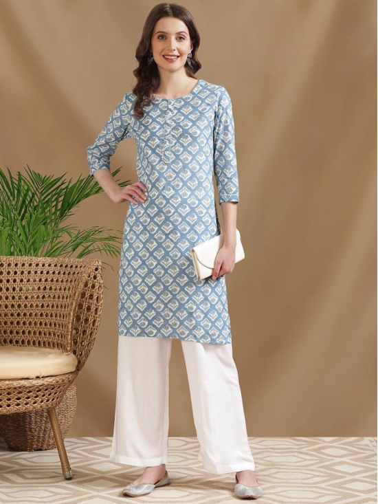 Rangita Women Cotton Blue Printed Knee Length Straight Kurti - None