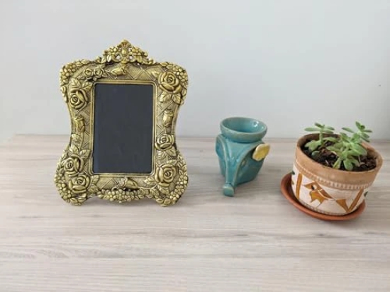 Aarna Creations Hand Crafted Metal Photo Frame| Beautiful Photo Frame in Rose Carving| Antique Golden Photo Frame