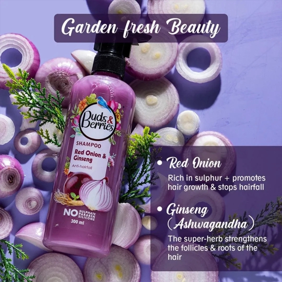 Buds&Berries Red Onion & Ginseng Anti hair fall Shampoo | Promotes hair growth | No Sulphate, No Paraben, No Silicone - 300ml