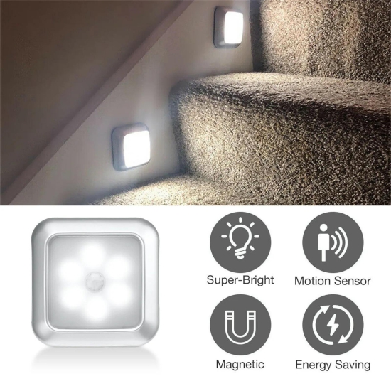 Square Human Infrared Sensor Light Smart Home Wardrobe Aisle Light Control Lamp Creative Night Light-Silver / White Light