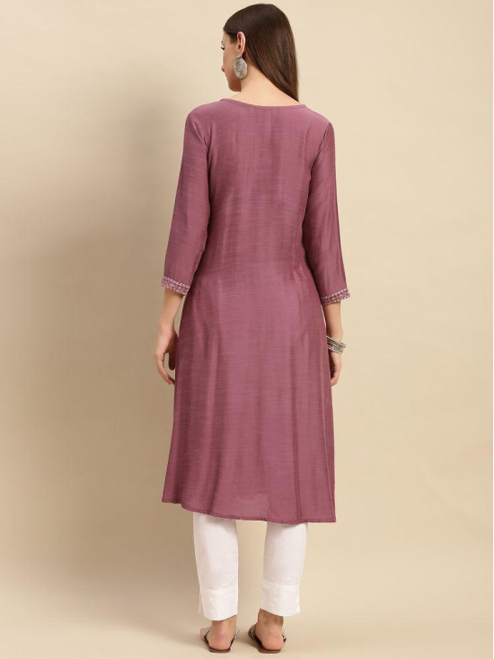 Rangita Women Viscose Blend Mauve Yoke Embroidered Calf Length Partywear A-Line Kurti - None