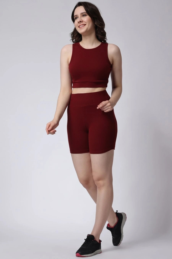 Womens Maroon Gym Co-Ord Set Ribbed Sleeveless-M / Maroon