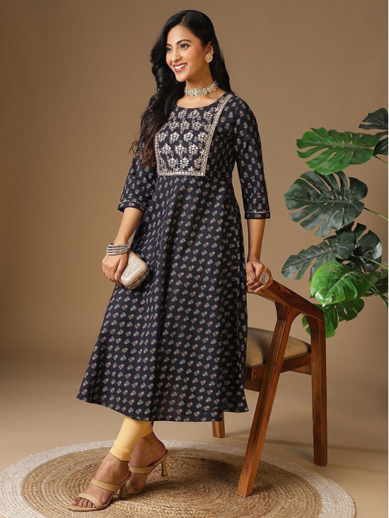 Rangita Women Cotton Navy Blue Embroidered Calf Length Anarkali Kurti - None