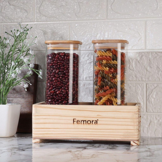 Femora Borosilicate Glass Jar 1000 ML, 2 pcs, with Wooden Tray