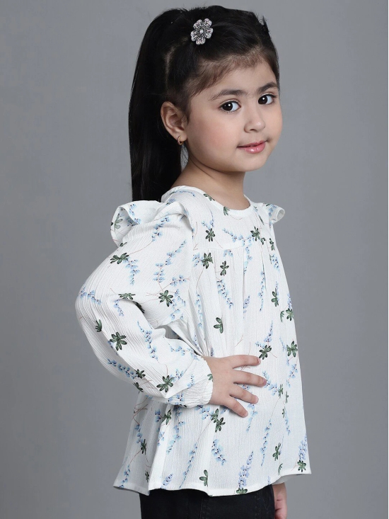 MINI & MING Girls Floral Printed Round Neck Puff Sleeves Pleated Blouson Top