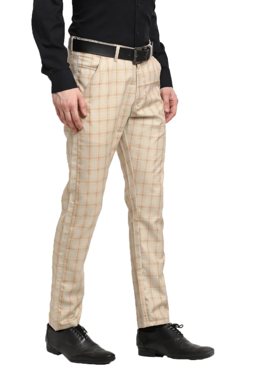 Indian Needle Men's Cream Cotton Checked Formal Trousers-30 / Cream