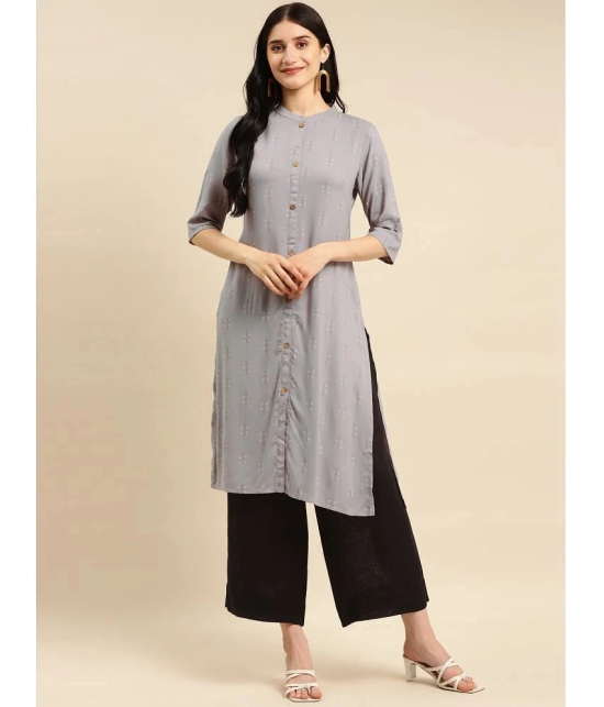 Rangita Women Rayon Light Grey Gold Printed Calf Length Straight Kurti With Front Button Placket - None