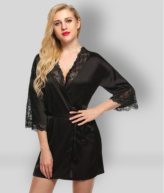 Celosia - Black Satin Women''s Nightwear Robes ( Pack of 1 ) - L