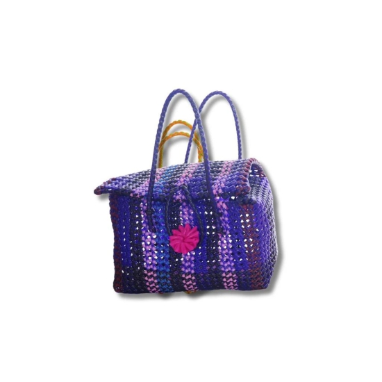 Handwoven Purple Market Basket with Pink Flower Accents