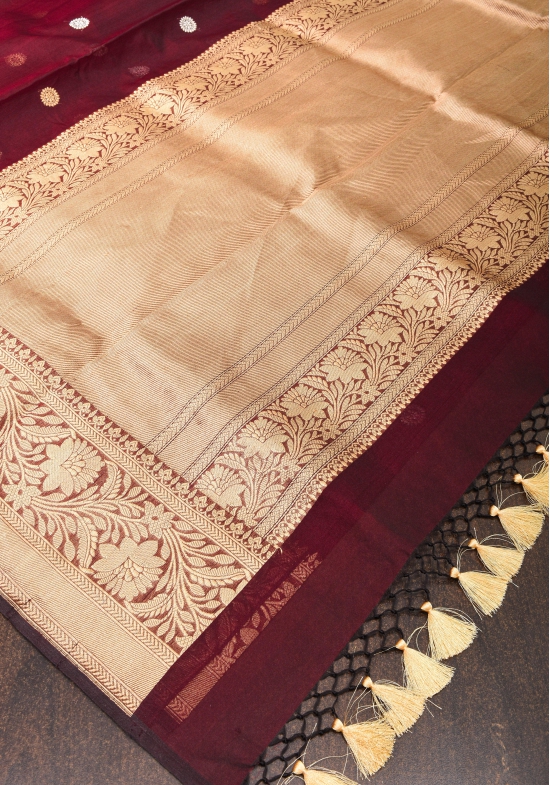 Exquisite Pure Banarasi Organza Silk Saree in Garnet with Kadhuwa Borders and Butis | SILK MARK CERTIFIED