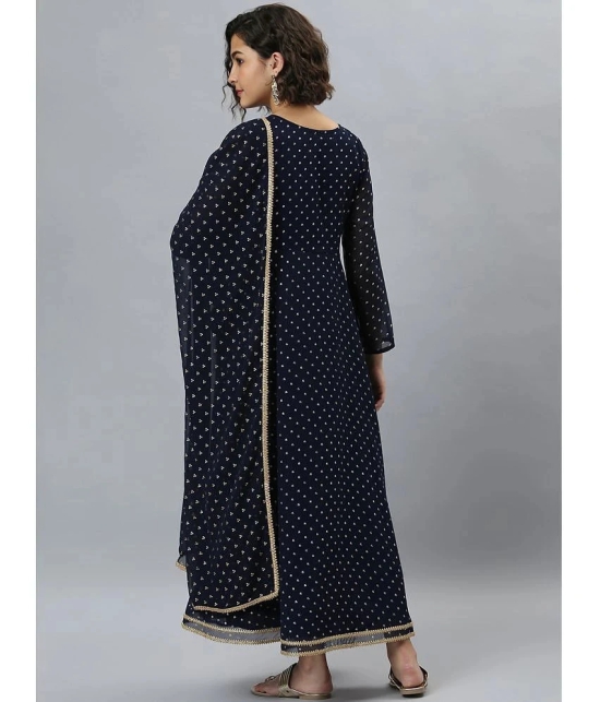 Janasya Georgette Printed Flared Womens Kurti with Dupatta - Navy Blue ( Pack of 1 ) - None