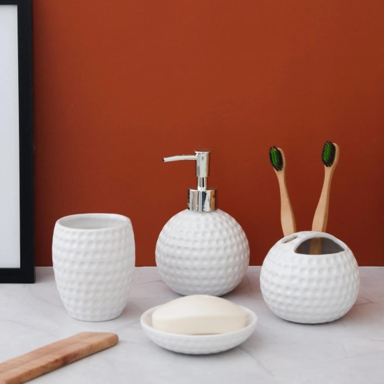 Doted Texture Ceramic Round Bathroom Set Of 4 Pcs-White