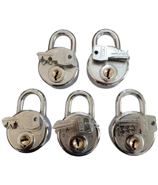 Onmax Stainless Steel 68mm New Round Padlock With Long Shackle | Steel Body | Iron 9 Liver | Double Locking | 4 Silver Keys | 5 Padlock | Made In India (SRDL68)(Pack of 5 Pcs)