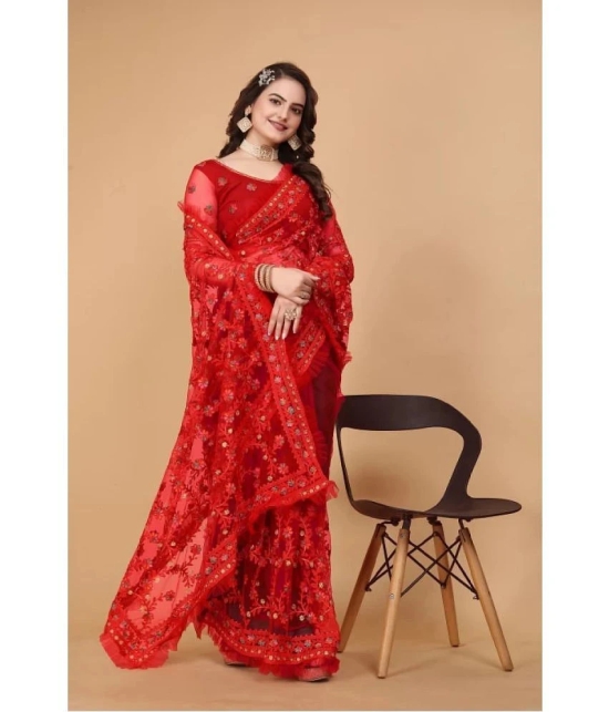 Apnisha Net Embroidered Saree With Blouse Piece - Red ( Pack of 1 ) - Red