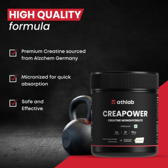 Athlab (by Nutrabay) CreaPower Micronized Creatine Monohydrate Powder - 100g | 100% Creapure® from Germany | NABL Lab Tested | 3g Creatine/Serving | Increases Muscle Mass, Strength, & Power