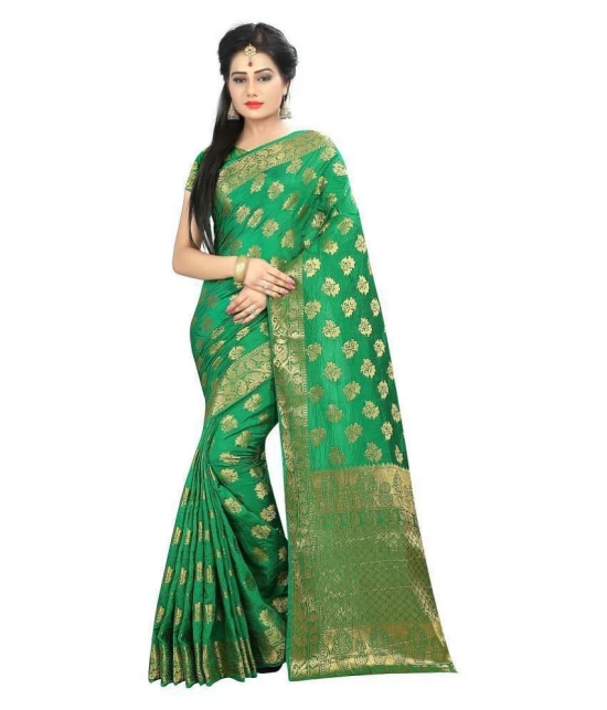 Gazal Fashions - Green Banarasi Silk Saree With Blouse Piece (Pack of 1)