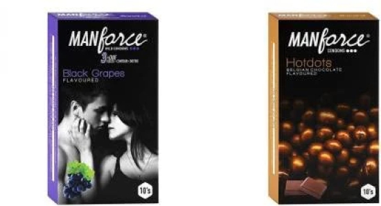 MANFORCE 3 in 1 (Ribbed Contour Dotted) Wild Black Grapes Flavoured Condoms- 10 Pieces & Premium Hotdots Belgian Chocolate Condoms with Bigger Dots - 10 Pieces Condom (Set of 2 20 Sheets)