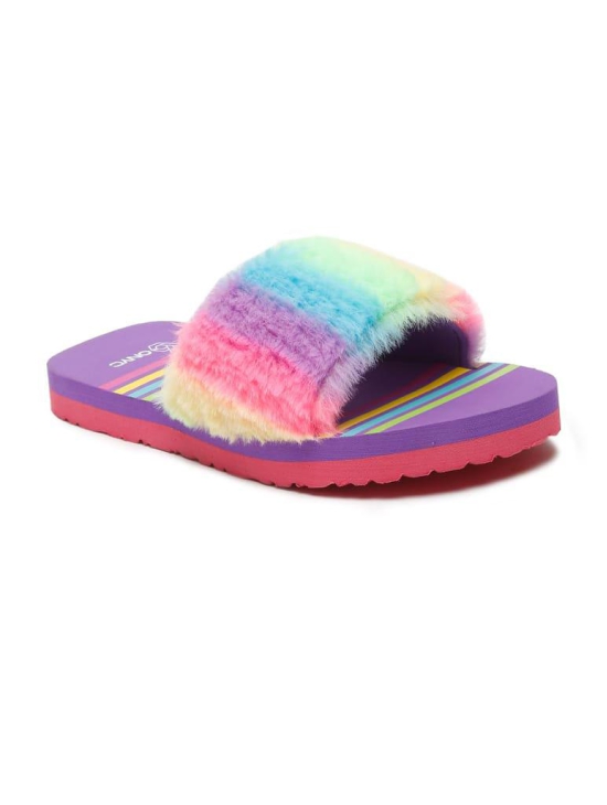 ONYC Kids Slippers for Girls, Premium Rainbow Fur Sliders, Purple