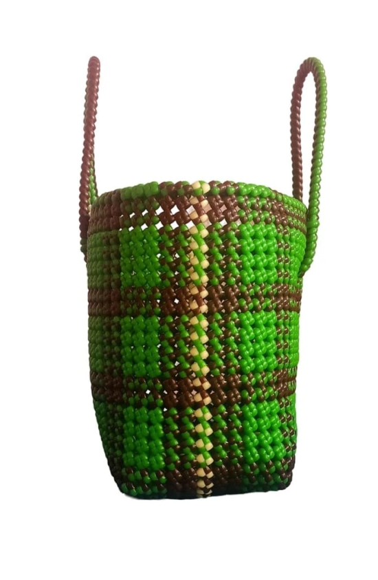 Green and Brown Handwoven Tote Bag with Magnetic Snap Closure