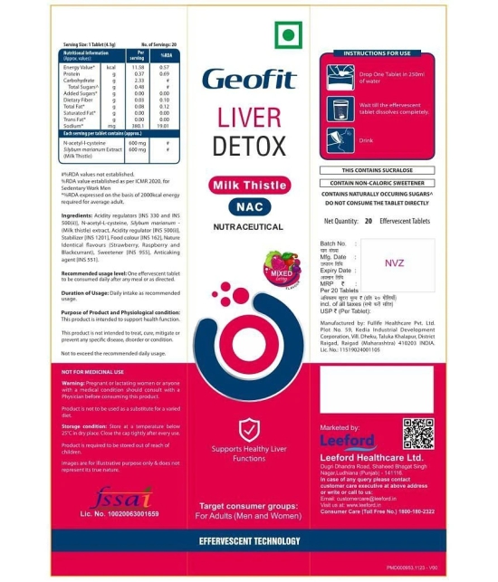 Geofit Liver Detox Milk Thistle & NAC for Detoxify & Protect , Mixed Berry Flavor - 20 Tablets