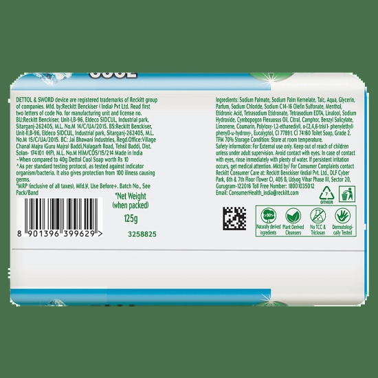 Dettol Intense Cool 2X Menthol Soap, Protects From Body Odour, 125G