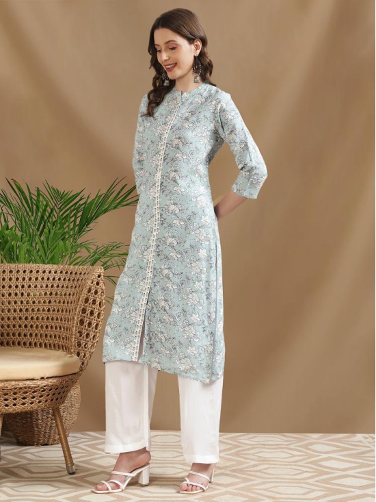 Rangita Women Rayon Light Blue Printed Calf Length A-line Kurti - None