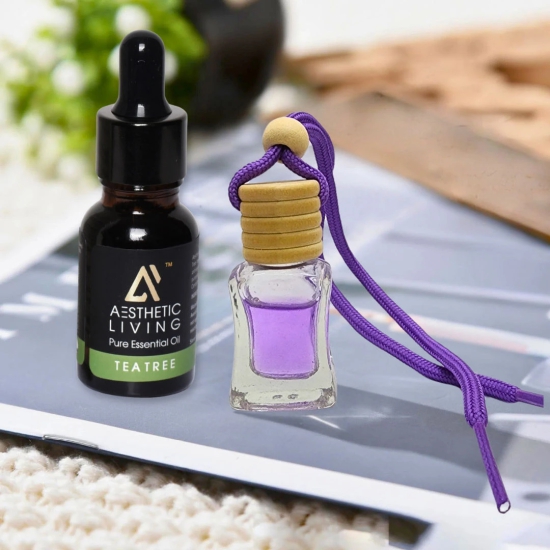 Aesthetic Living Car Aromatizer/ Diffuser Bottle with Essential Oil (Square Transparent Shape-8 ml+ Tea Tree Essential Oil, 15 ml)