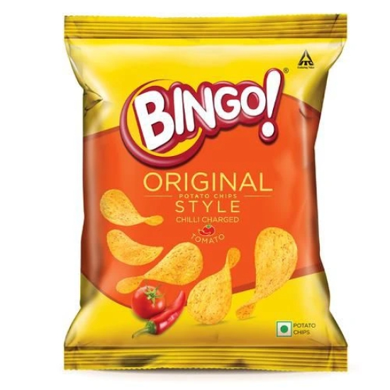 Bingo Original Style Chilli Charged Tomato - Flat Cut Spicy & Tangy Potato Chips Pack For Snacks, 58 Gm