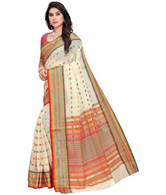 Rangita Women Small Checks Woven Cotton Silk Saree with Blouse Piece - Cream - Cream