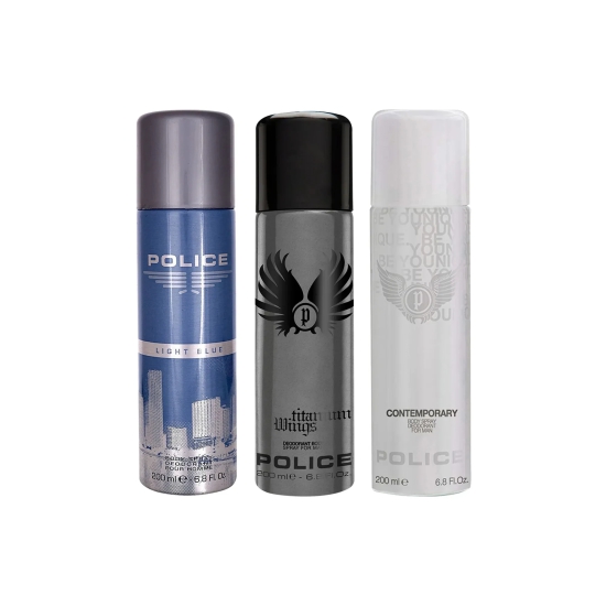 Police Light Blue + Wings Titanium + Contemporary Deo Combo Set 600ml (Pack of 3) For Him