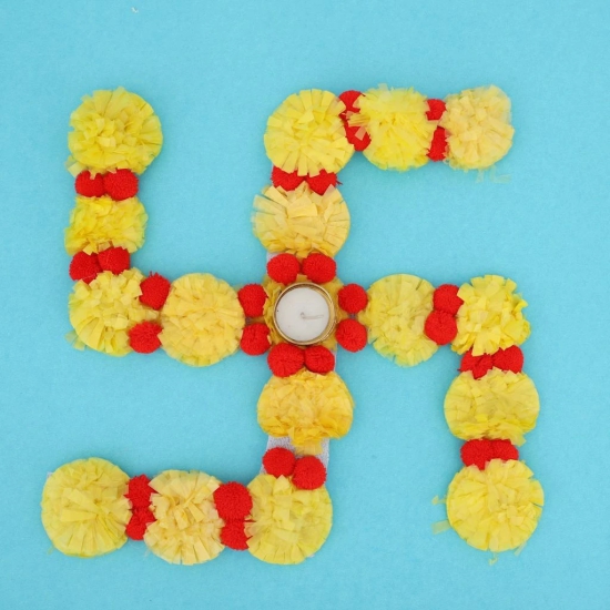 Smizzy Artificial Floral Toran Garland Temple Pooja Decoration Satiya/Swastik Rangoli with Free Tealight Candle/Deepak Holder and Pompom, Home D?cor Accessories,12 inch,Yellow and Red, 1 pc