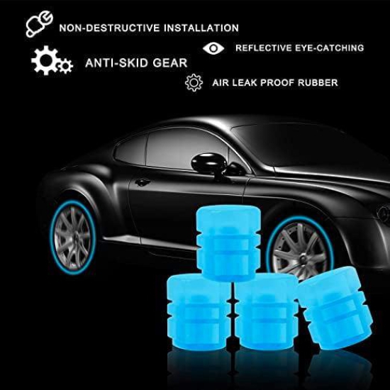 Fluorescent Tyre Valve Caps Illuminated Tire Cap Night Glow Luminous Wheel Covers Ideal for Cars and Bikes(Set of 4)-Blue