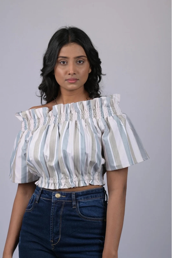 Top for women western wear stylish Grey And White Striped Off Shoulder Top (OTL-TPS1041)-Grey / M