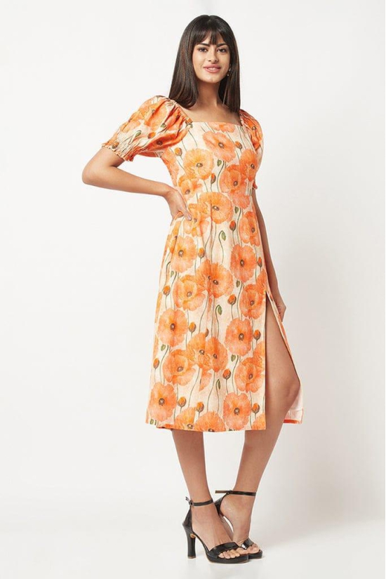 Orange Floral Slit Dress