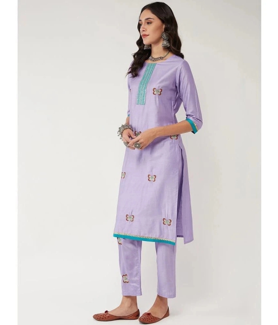 Pannkh Viscose Embroidered Straight Womens Kurti - Lavender ( Pack of 1 ) - None