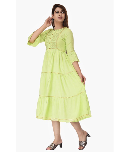 Maquien - Green Rayon Women's Tiered Flared Kurti ( Pack of 1 ) - S