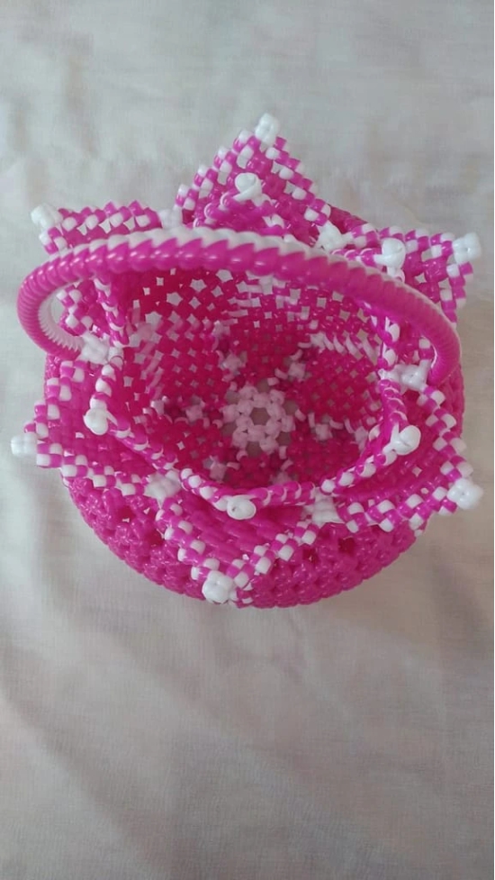 Handcrafted Pink and White Beaded Basket with Handle