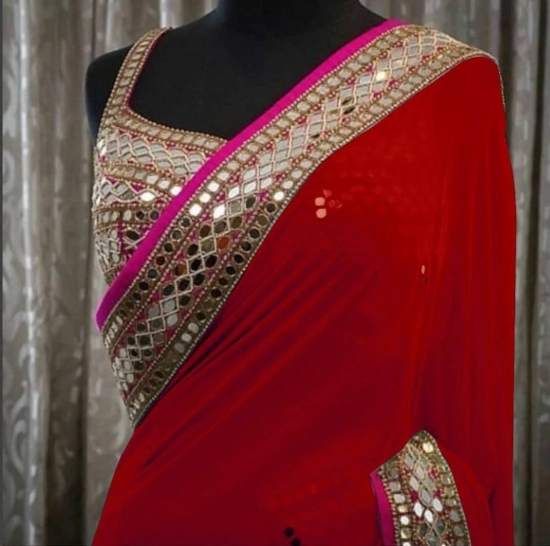 Beautiful Georgette Mirror Work Saree with Blouse piece-Red